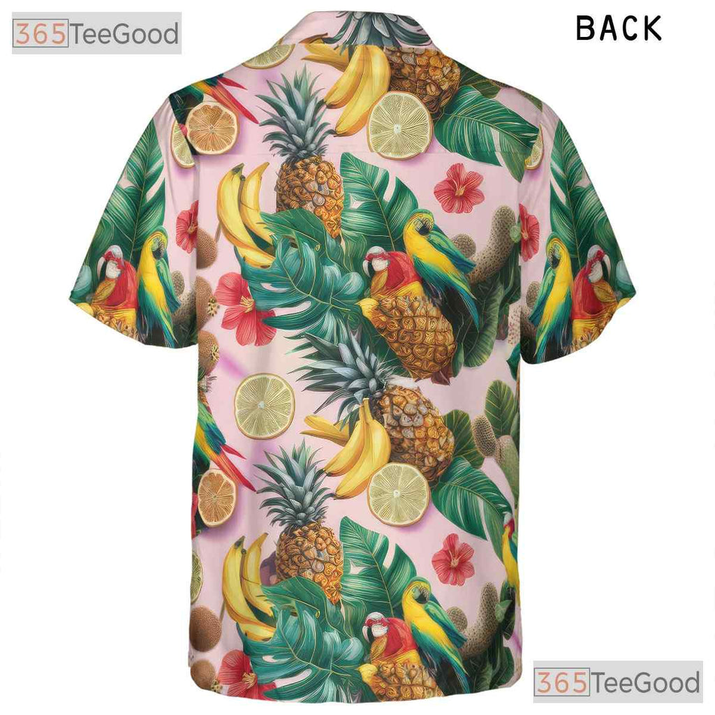 Pink Tropical Parrots Floral Fruit Pattern Hawaiian Shirt Men Women Summer Top