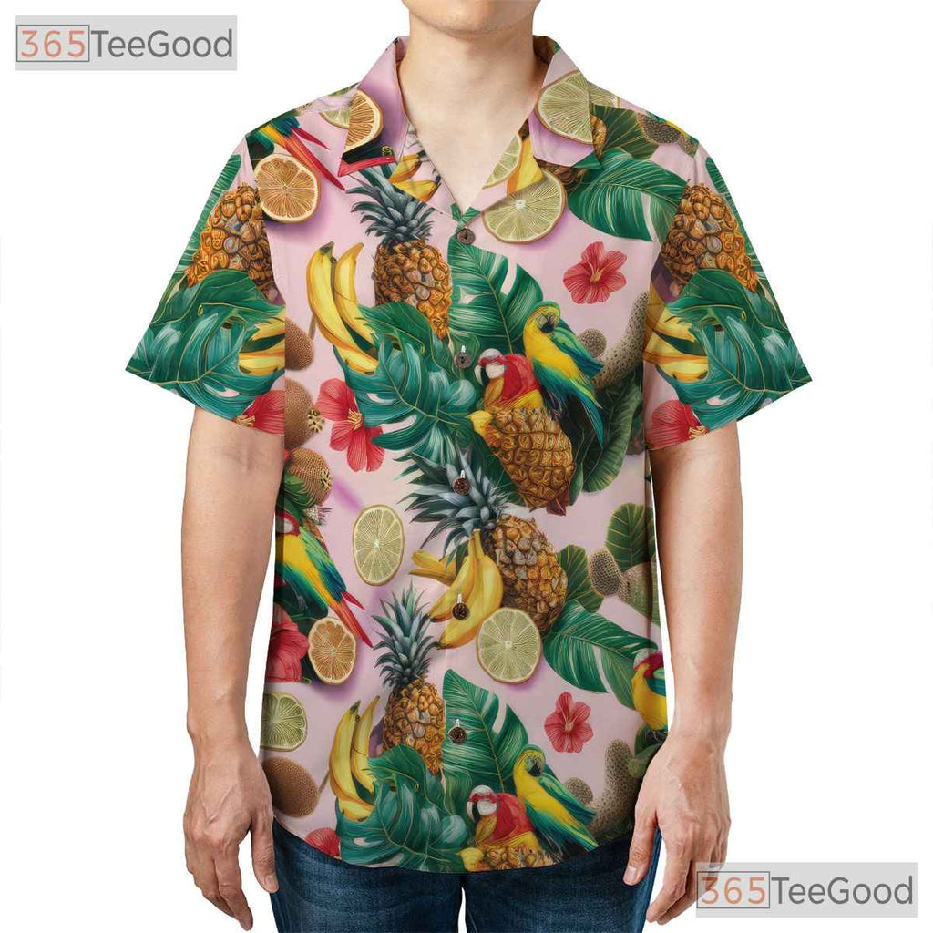 Pink Tropical Parrots Floral Fruit Pattern Hawaiian Shirt Men Women Summer Top
