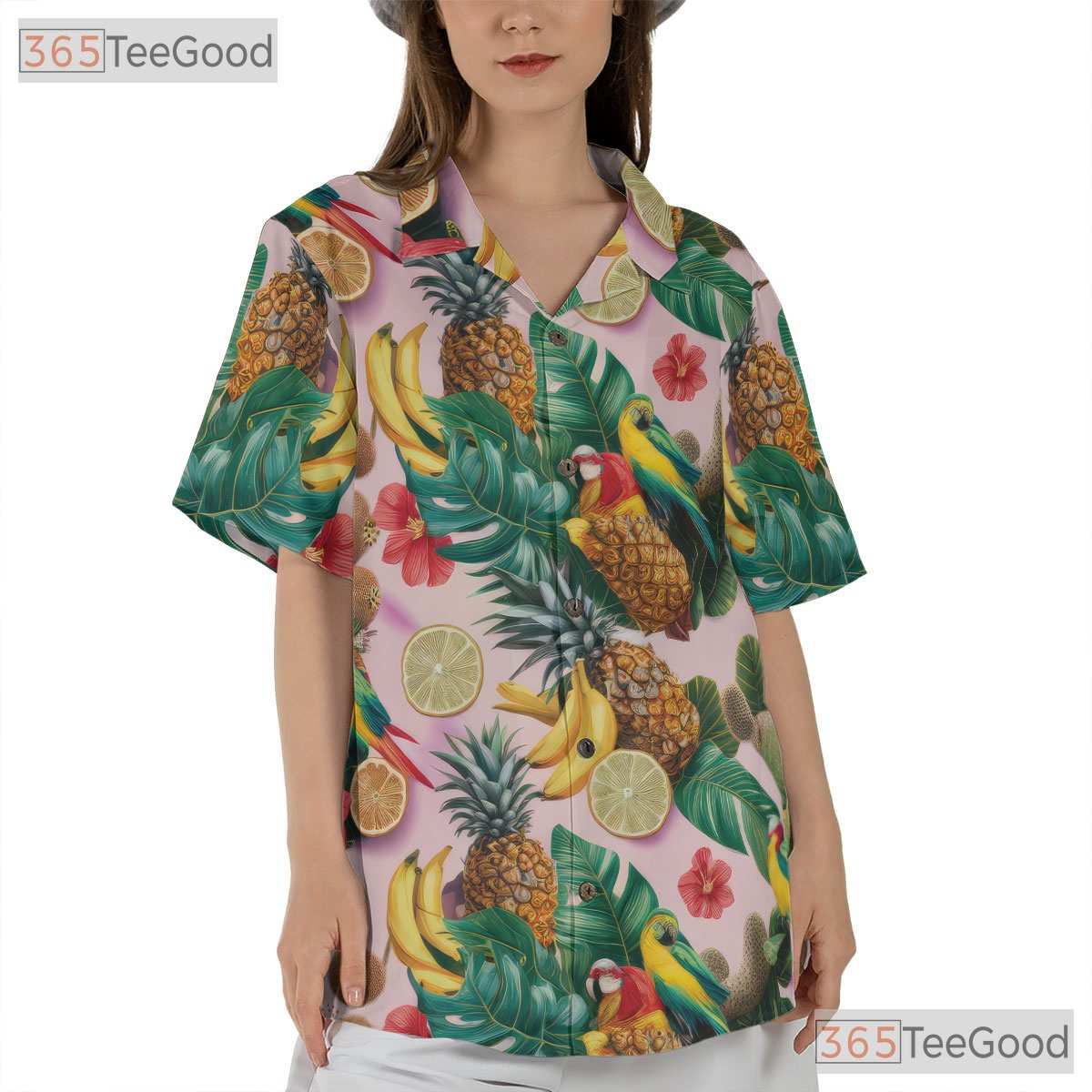 Pink Tropical Parrots Floral Fruit Pattern Hawaiian Shirt Men Women Summer Top