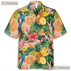 Pink Tropical Parrots Fruits Flowers Print Hawaiian Tee Unisex Summer Outfit Top