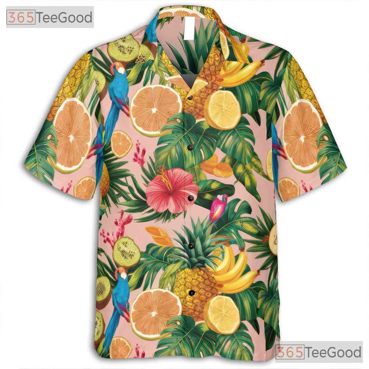 Pink Tropical Parrots Fruits Flowers Print Hawaiian Tee Unisex Summer Outfit Top