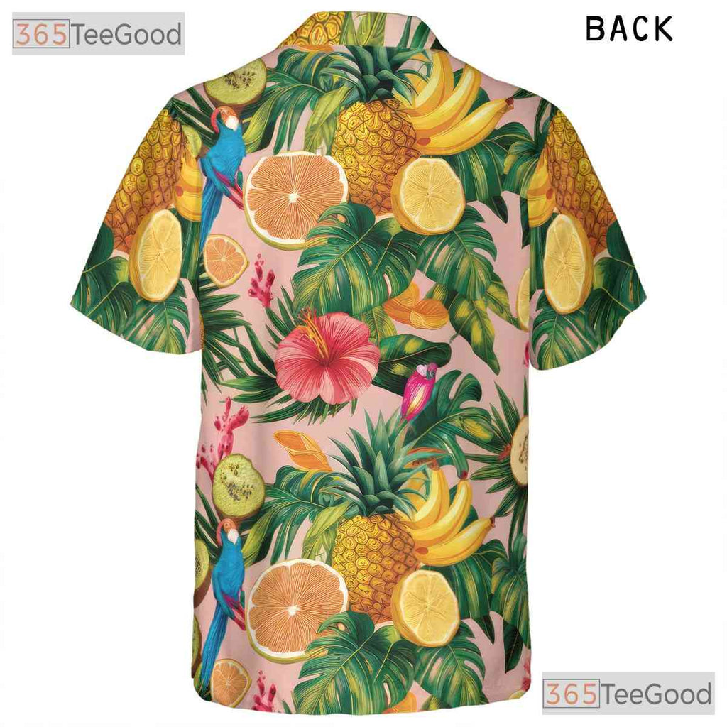 Pink Tropical Parrots Fruits Flowers Print Hawaiian Tee Unisex Summer Outfit Top