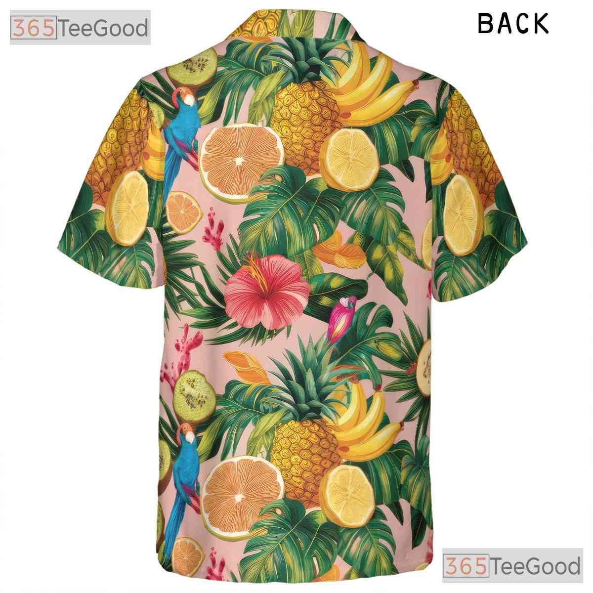 Pink Tropical Parrots Fruits Flowers Print Hawaiian Tee Unisex Summer Outfit Top