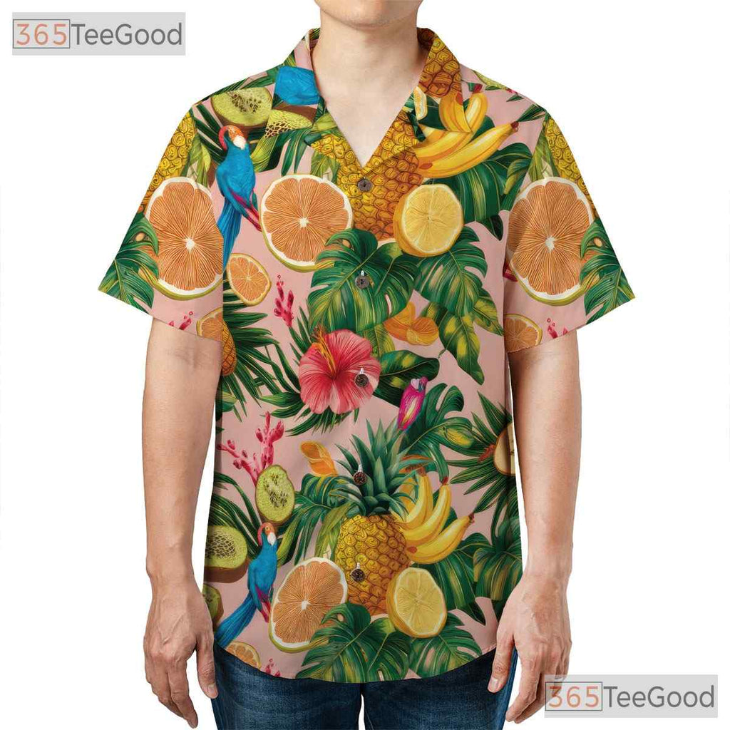 Pink Tropical Parrots Fruits Flowers Print Hawaiian Tee Unisex Summer Outfit Top