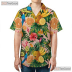 Pink Tropical Parrots Fruits Flowers Print Hawaiian Tee Unisex Summer Outfit Top