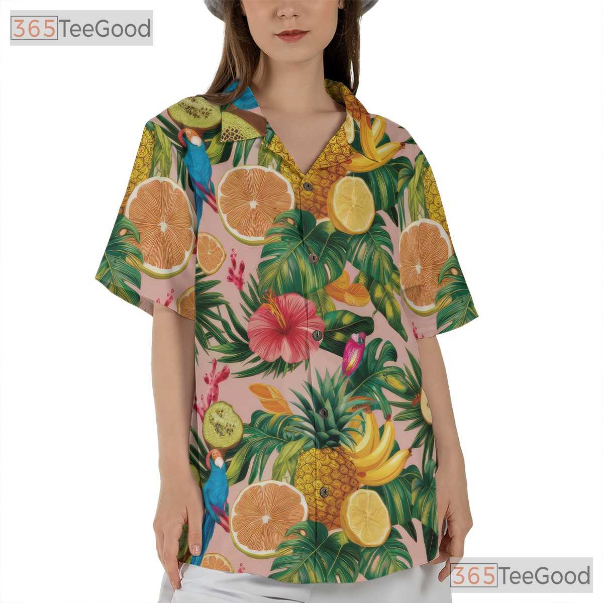 Pink Tropical Parrots Fruits Flowers Print Hawaiian Tee Unisex Summer Outfit Top