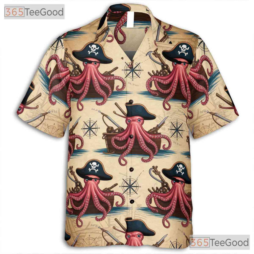 Pirate Octopus Nautical Map Hawaiian Shirt- Unisex Retro Kraken Beachwear