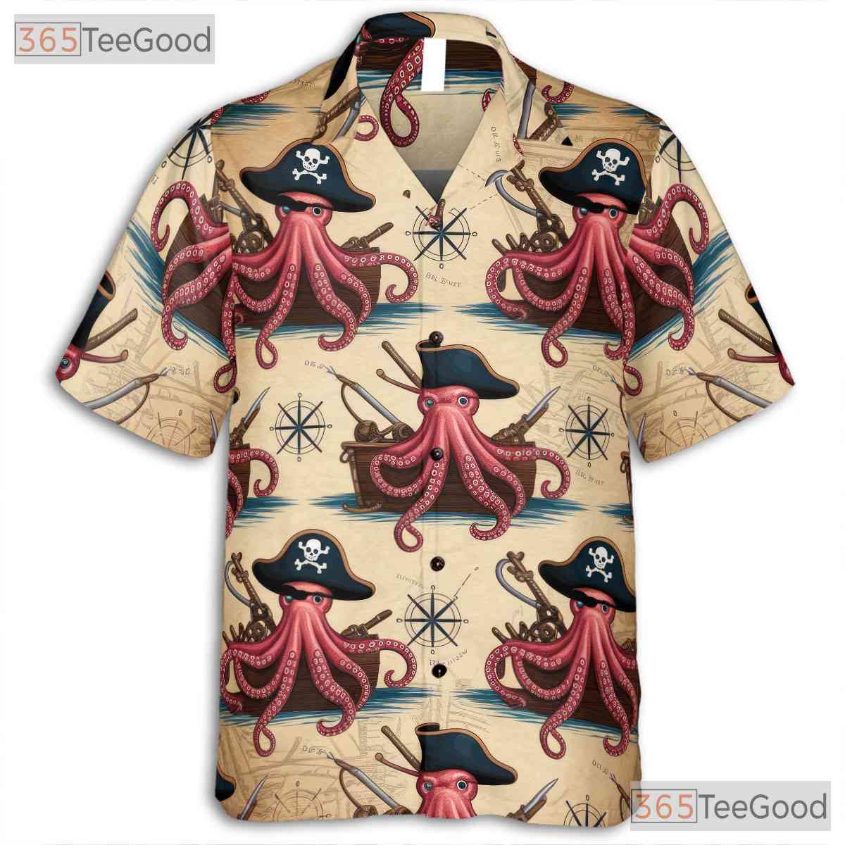 Pirate Octopus Nautical Map Hawaiian Shirt- Unisex Retro Kraken Beachwear