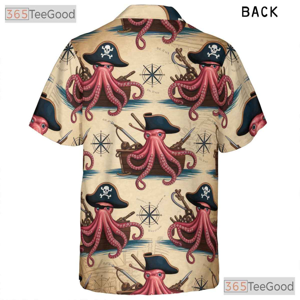 Pirate Octopus Nautical Map Hawaiian Shirt- Unisex Retro Kraken Beachwear