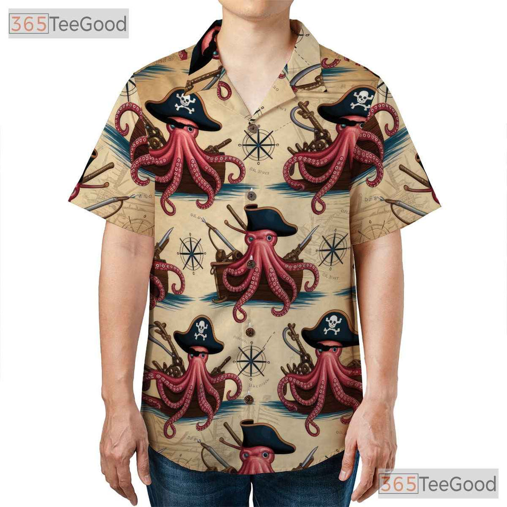 Pirate Octopus Nautical Map Hawaiian Shirt- Unisex Retro Kraken Beachwear