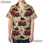 Pirate Octopus Nautical Map Hawaiian Shirt- Unisex Retro Kraken Beachwear