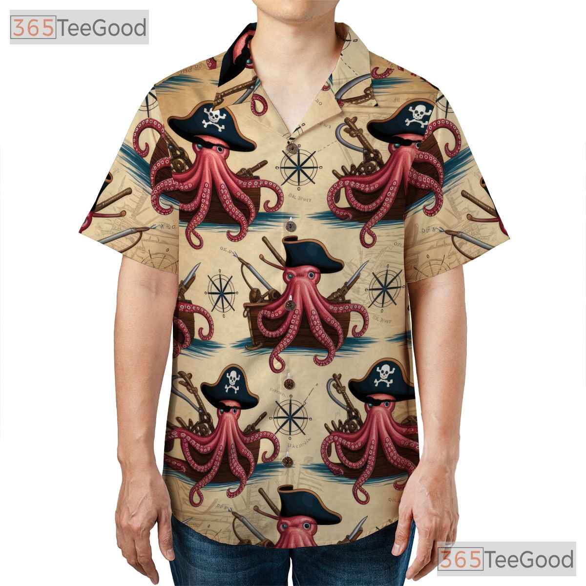 Pirate Octopus Nautical Map Hawaiian Shirt- Unisex Retro Kraken Beachwear