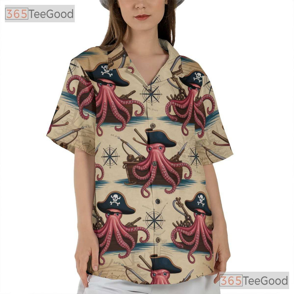 Pirate Octopus Nautical Map Hawaiian Shirt- Unisex Retro Kraken Beachwear