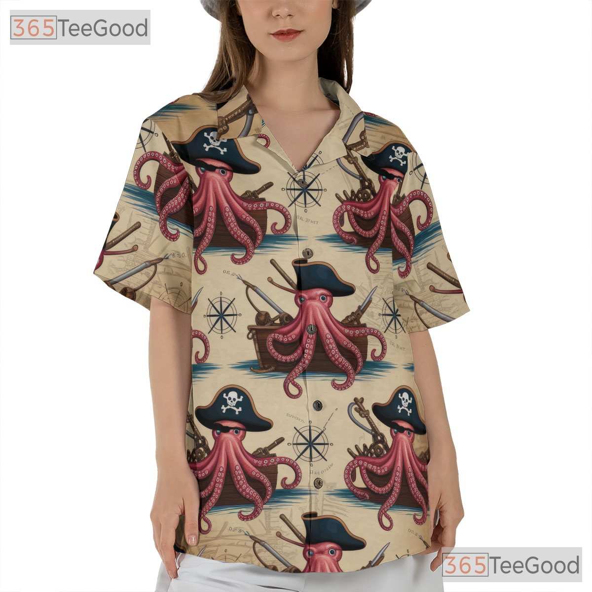 Pirate Octopus Nautical Map Hawaiian Shirt- Unisex Retro Kraken Beachwear