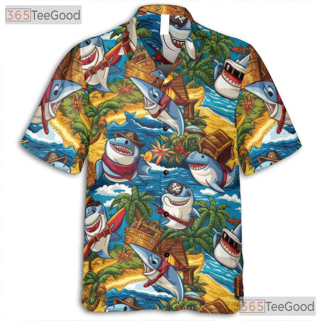 Pirate Shark Hawaiian Shirt Men Women, Tropical Beach Party Aloha Top