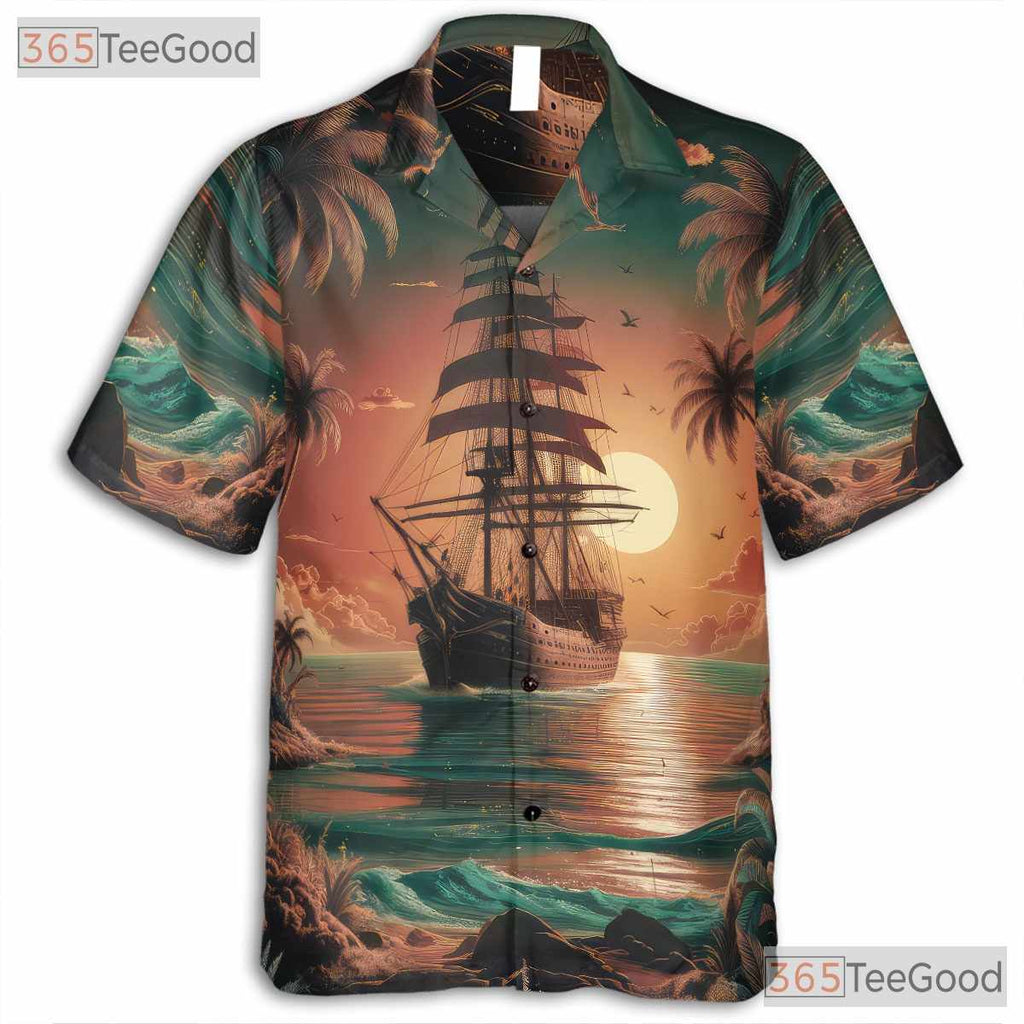 Pirate Ship Tropical Sunset Palm Trees Hawaiian Tee Unisex Beach Vacation Top