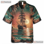 Pirate Ship Tropical Sunset Palm Trees Hawaiian Tee Unisex Beach Vacation Top