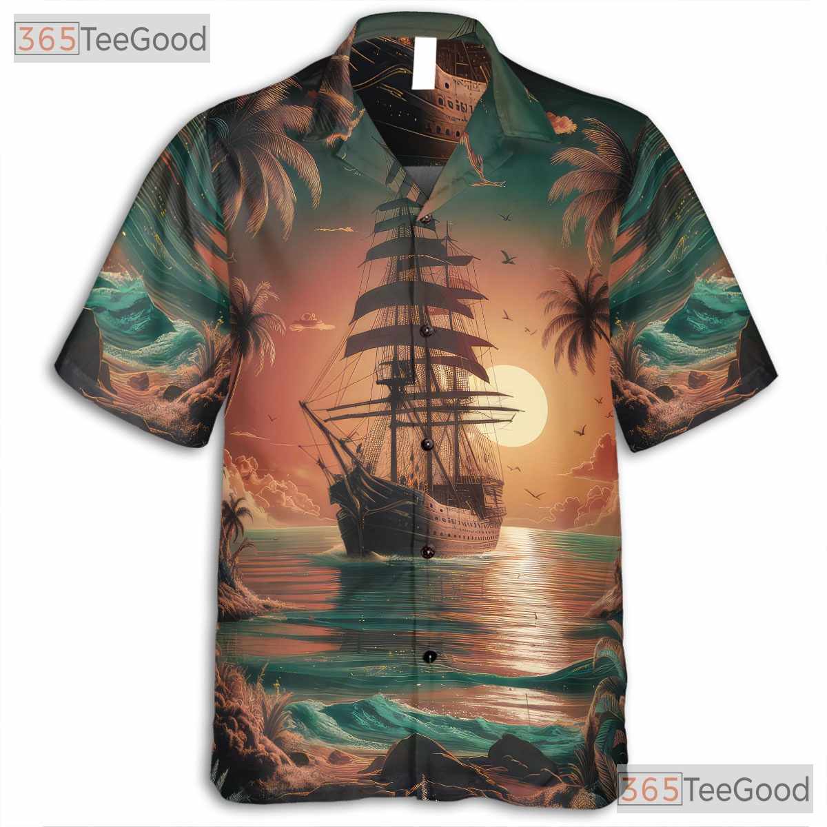 Pirate Ship Tropical Sunset Palm Trees Hawaiian Tee Unisex Beach Vacation Top