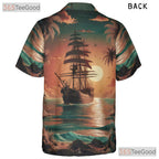 Pirate Ship Tropical Sunset Palm Trees Hawaiian Tee Unisex Beach Vacation Top