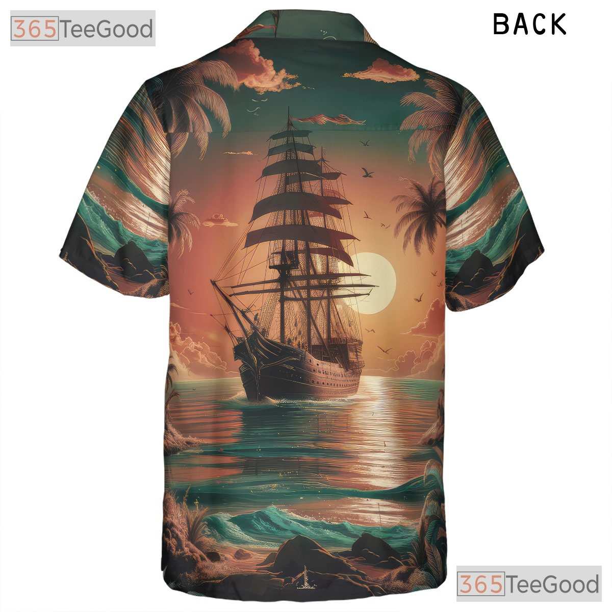 Pirate Ship Tropical Sunset Palm Trees Hawaiian Tee Unisex Beach Vacation Top