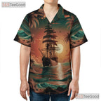 Pirate Ship Tropical Sunset Palm Trees Hawaiian Tee Unisex Beach Vacation Top