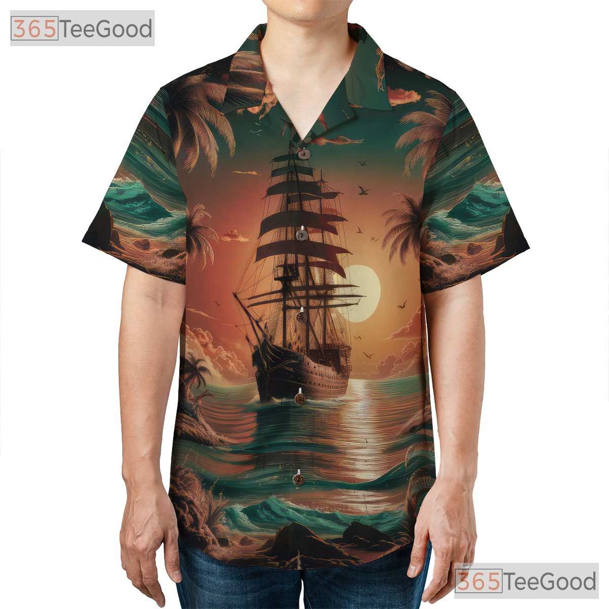 Pirate Ship Tropical Sunset Palm Trees Hawaiian Tee Unisex Beach Vacation Top