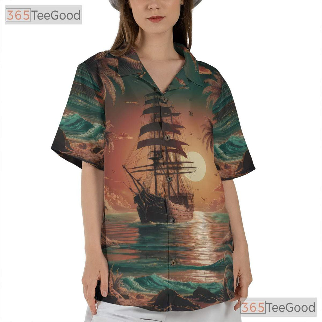 Pirate Ship Tropical Sunset Palm Trees Hawaiian Tee Unisex Beach Vacation Top