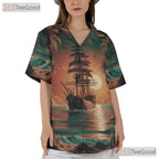 Pirate Ship Tropical Sunset Palm Trees Hawaiian Tee Unisex Beach Vacation Top