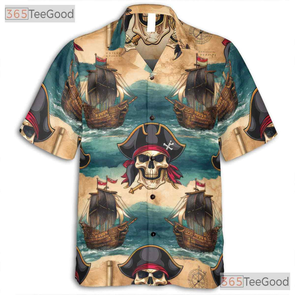 Pirate Skull Treasure Map Hawaiian Tee - Unisex Vintage Style Aloha Shirt