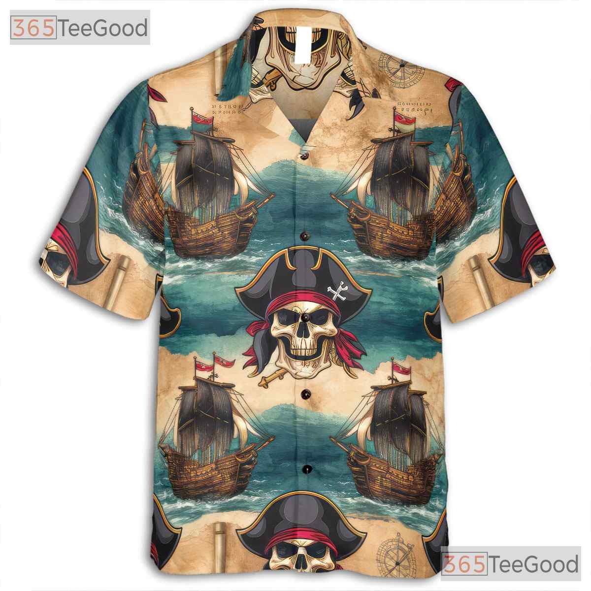 Pirate Skull Treasure Map Hawaiian Tee - Unisex Vintage Style Aloha Shirt