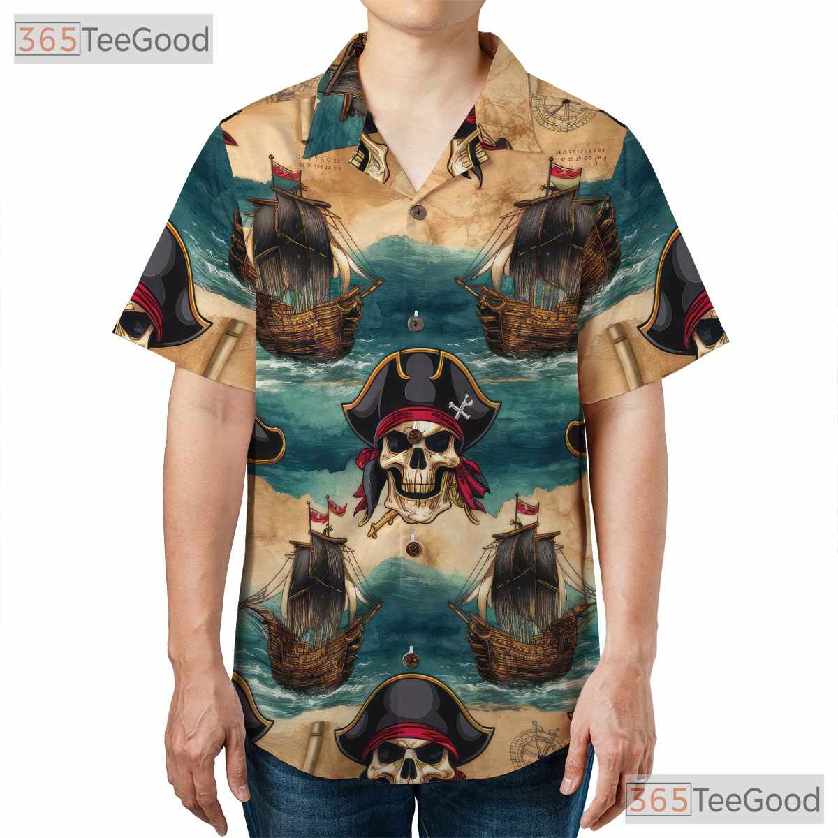 Pirate Skull Treasure Map Hawaiian Tee - Unisex Vintage Style Aloha Shirt