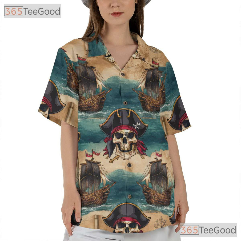 Pirate Skull Treasure Map Hawaiian Tee - Unisex Vintage Style Aloha Shirt
