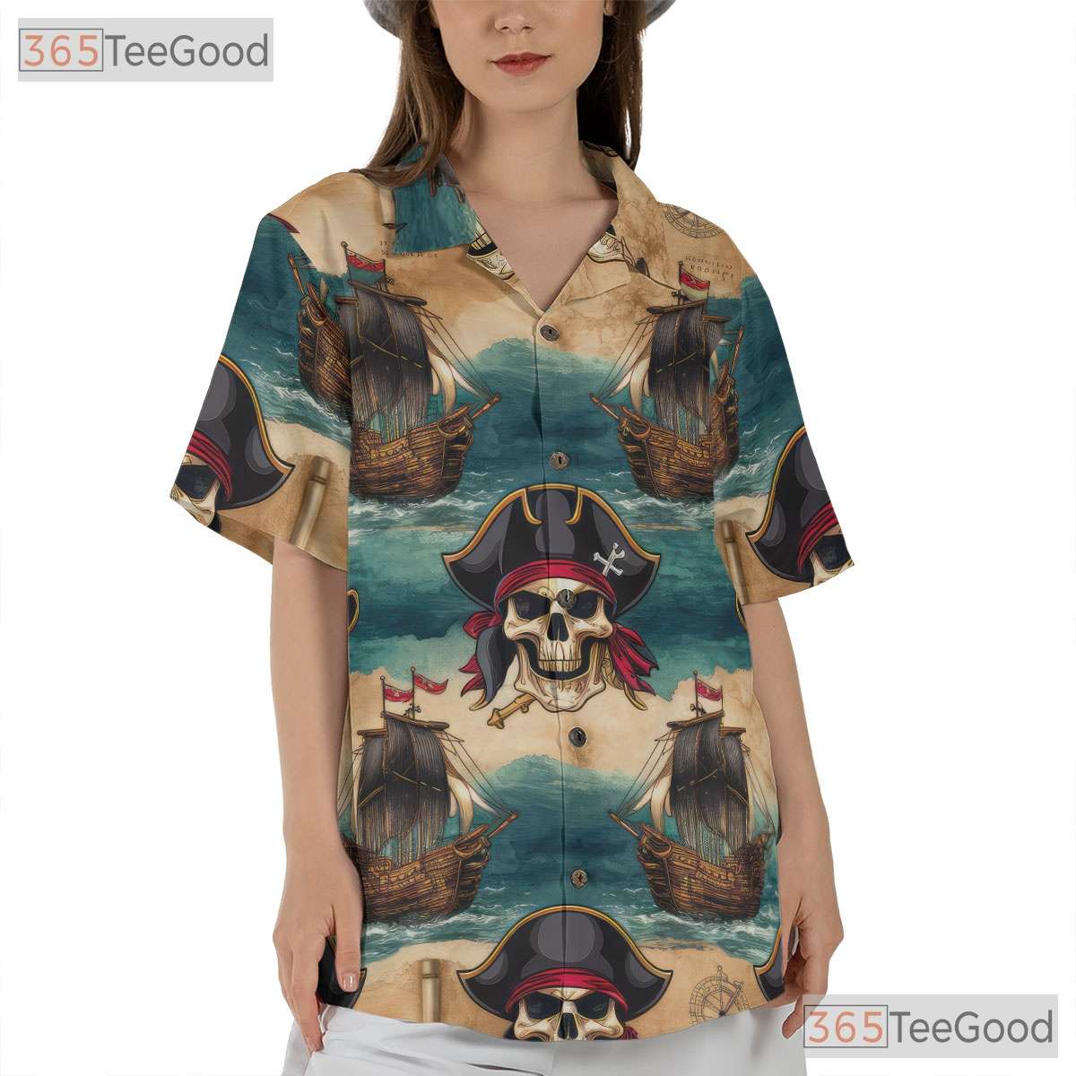Pirate Skull Treasure Map Hawaiian Tee - Unisex Vintage Style Aloha Shirt