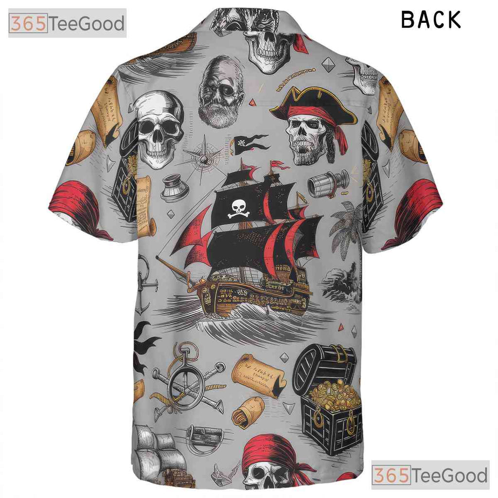 Pirate Skull Vintage Nautical Treasure Map Design Hawaiian Shirt Unisex Top