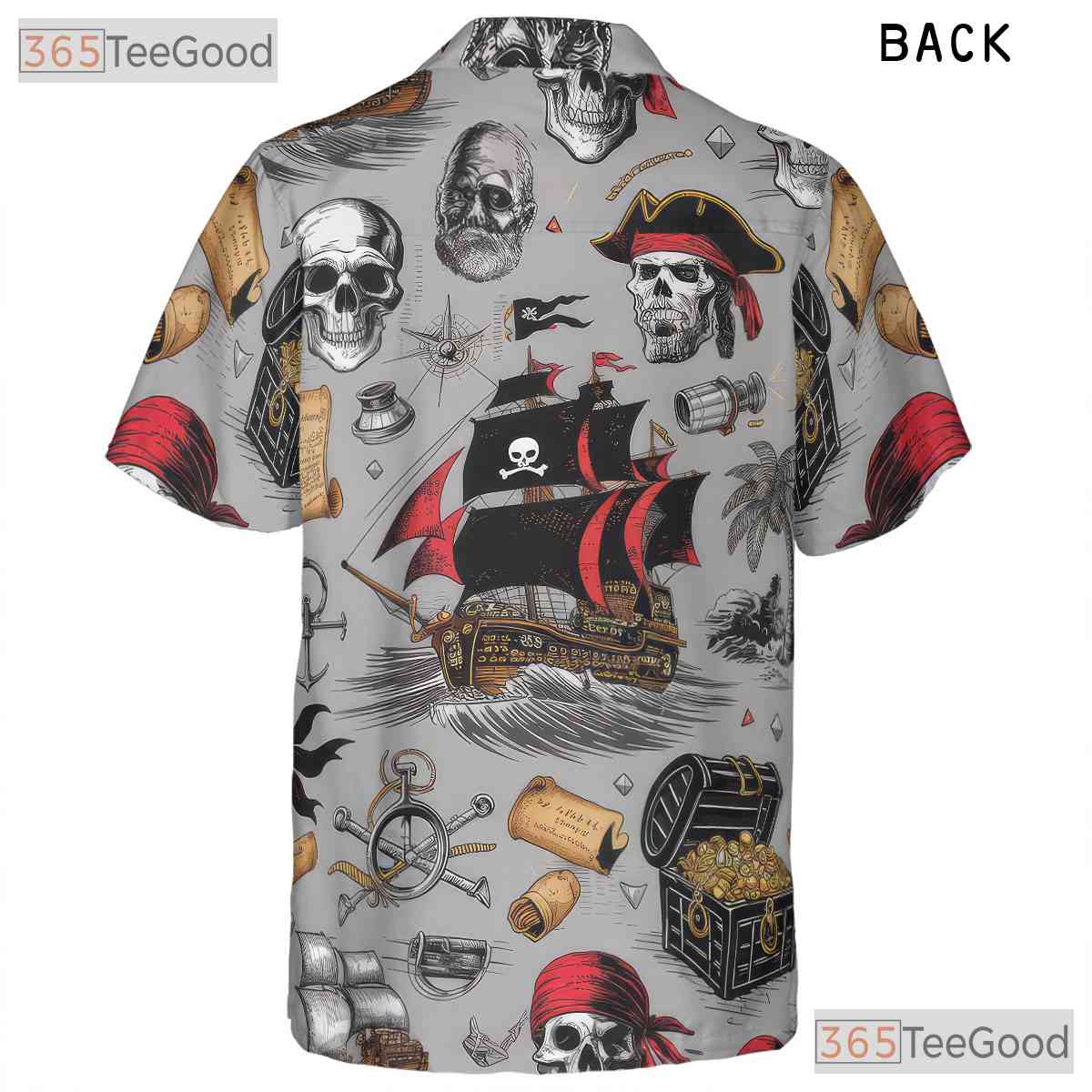 Pirate Skull Vintage Nautical Treasure Map Design Hawaiian Shirt Unisex Top