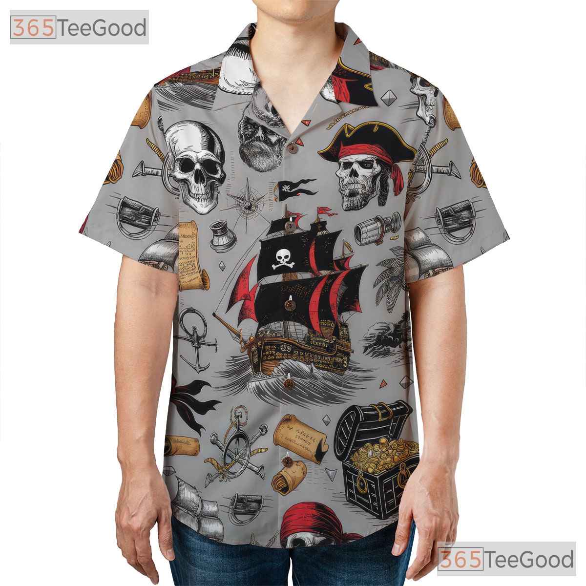 Pirate Skull Vintage Nautical Treasure Map Design Hawaiian Shirt Unisex Top