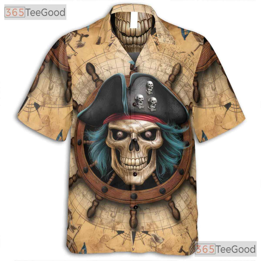 Pirate Skull Vintage Skeleton Ship Seamless Pattern Hawaiian Tee Unisex Top