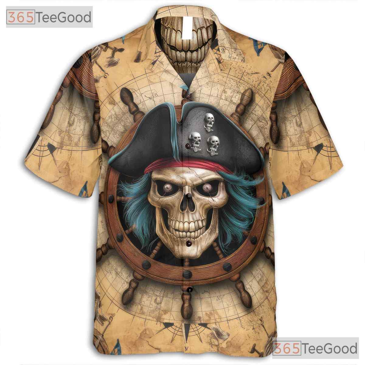 Pirate Skull Vintage Skeleton Ship Seamless Pattern Hawaiian Tee Unisex Top