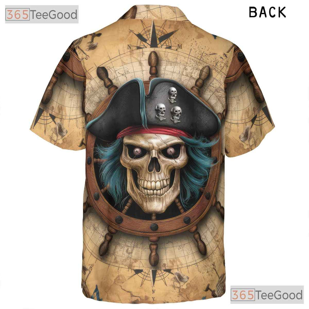 Pirate Skull Vintage Skeleton Ship Seamless Pattern Hawaiian Tee Unisex Top