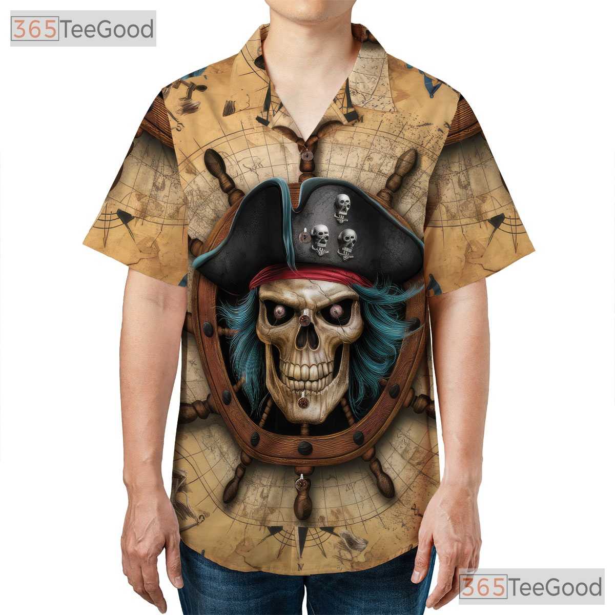Pirate Skull Vintage Skeleton Ship Seamless Pattern Hawaiian Tee Unisex Top