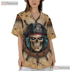 Pirate Skull Vintage Skeleton Ship Seamless Pattern Hawaiian Tee Unisex Top