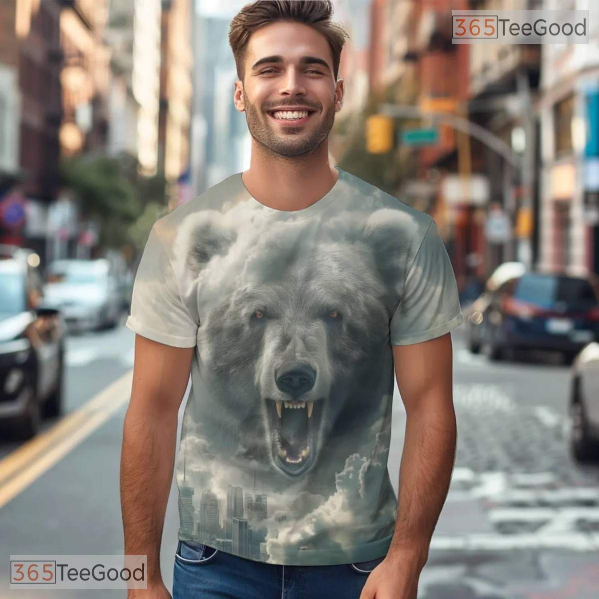Polar Bear Urban City Graphic 3D Pattern Printed Casual Unisex T-Shirt Tops Style