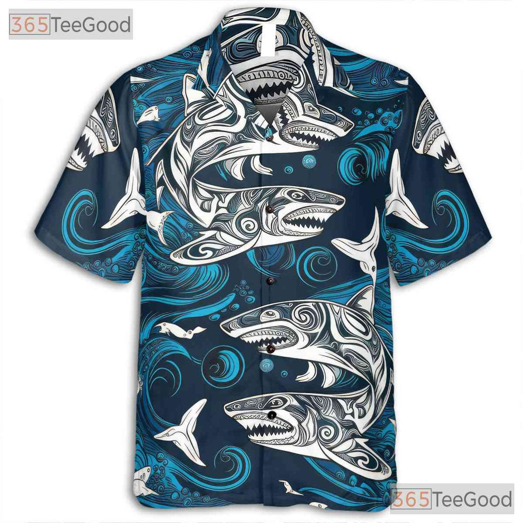 Polynesian Shark Tattoo Ocean Wave Hawaiian Shirt Men Women Tropical Style