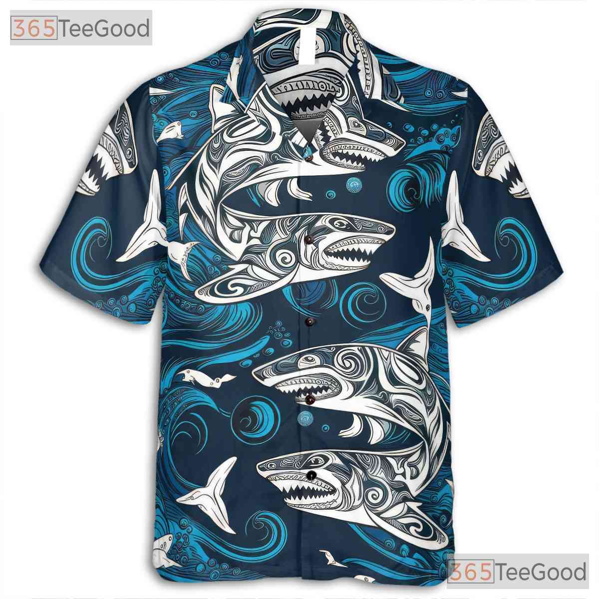 Polynesian Shark Tattoo Ocean Wave Hawaiian Shirt Men Women Tropical Style