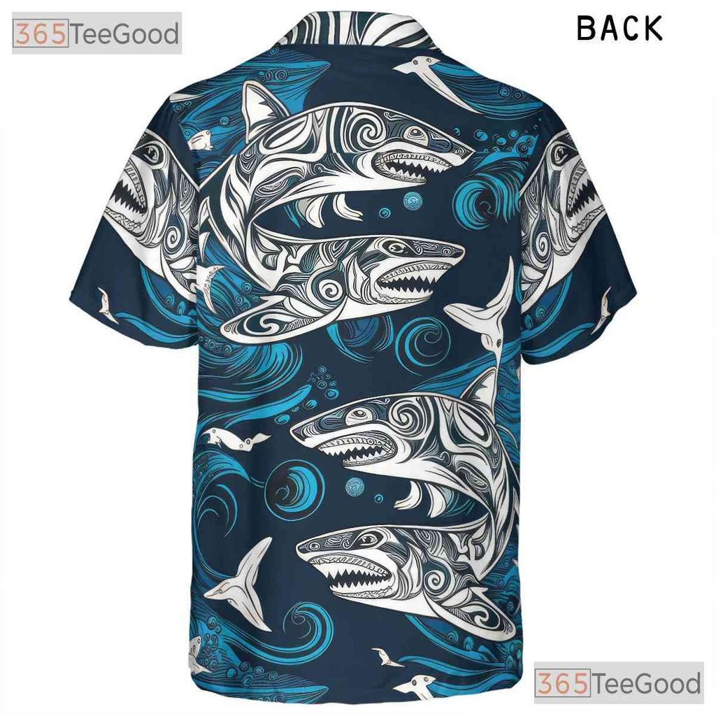 Polynesian Shark Tattoo Ocean Wave Hawaiian Shirt Men Women Tropical Style