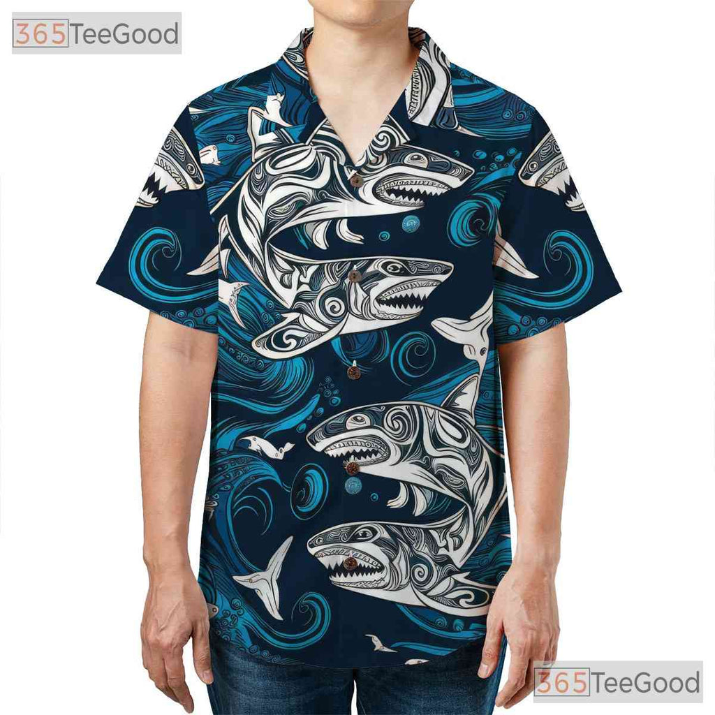 Polynesian Shark Tattoo Ocean Wave Hawaiian Shirt Men Women Tropical Style