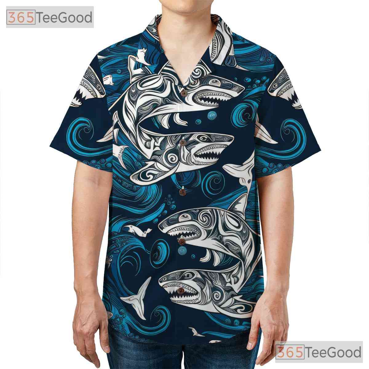 Polynesian Shark Tattoo Ocean Wave Hawaiian Shirt Men Women Tropical Style