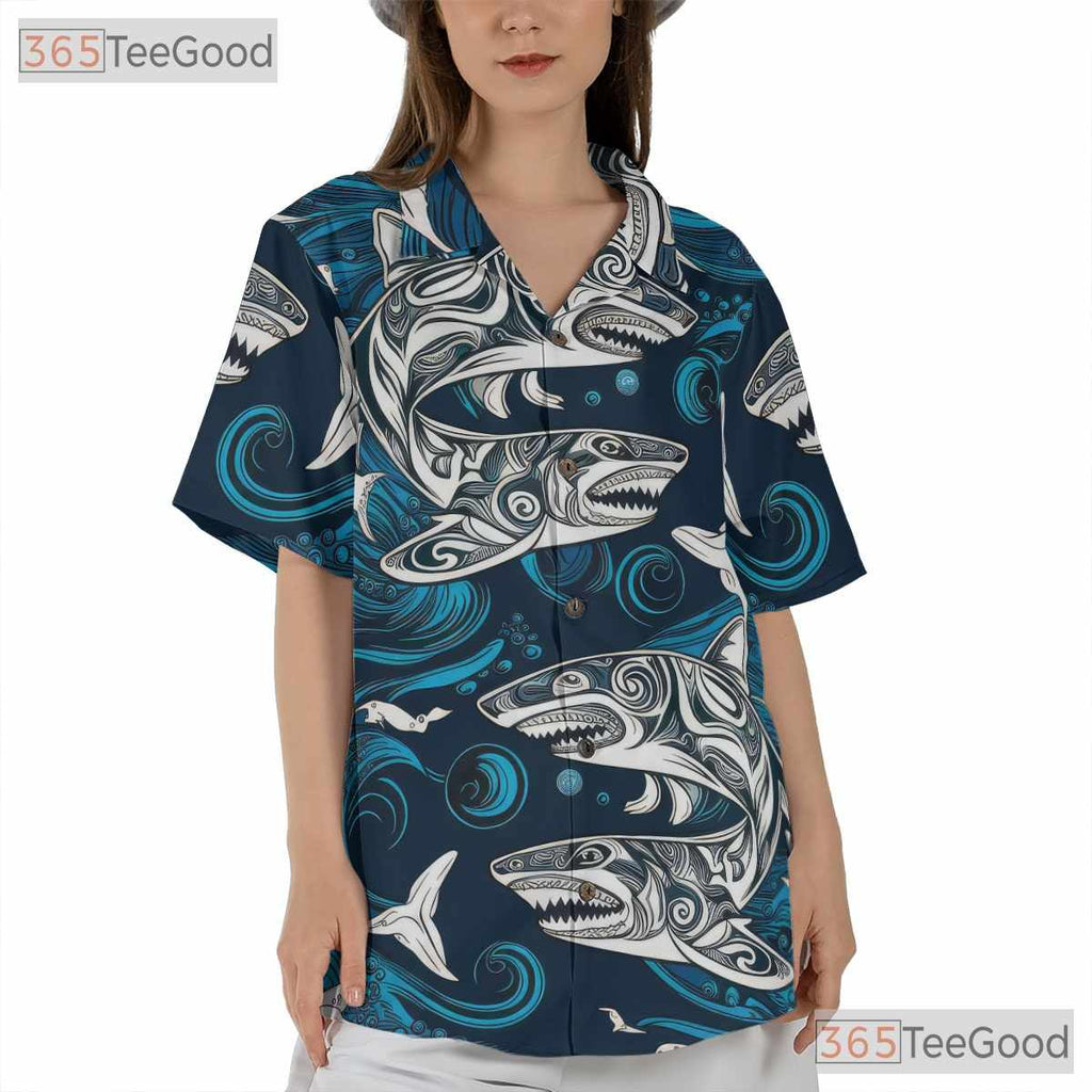 Polynesian Shark Tattoo Ocean Wave Hawaiian Shirt Men Women Tropical Style
