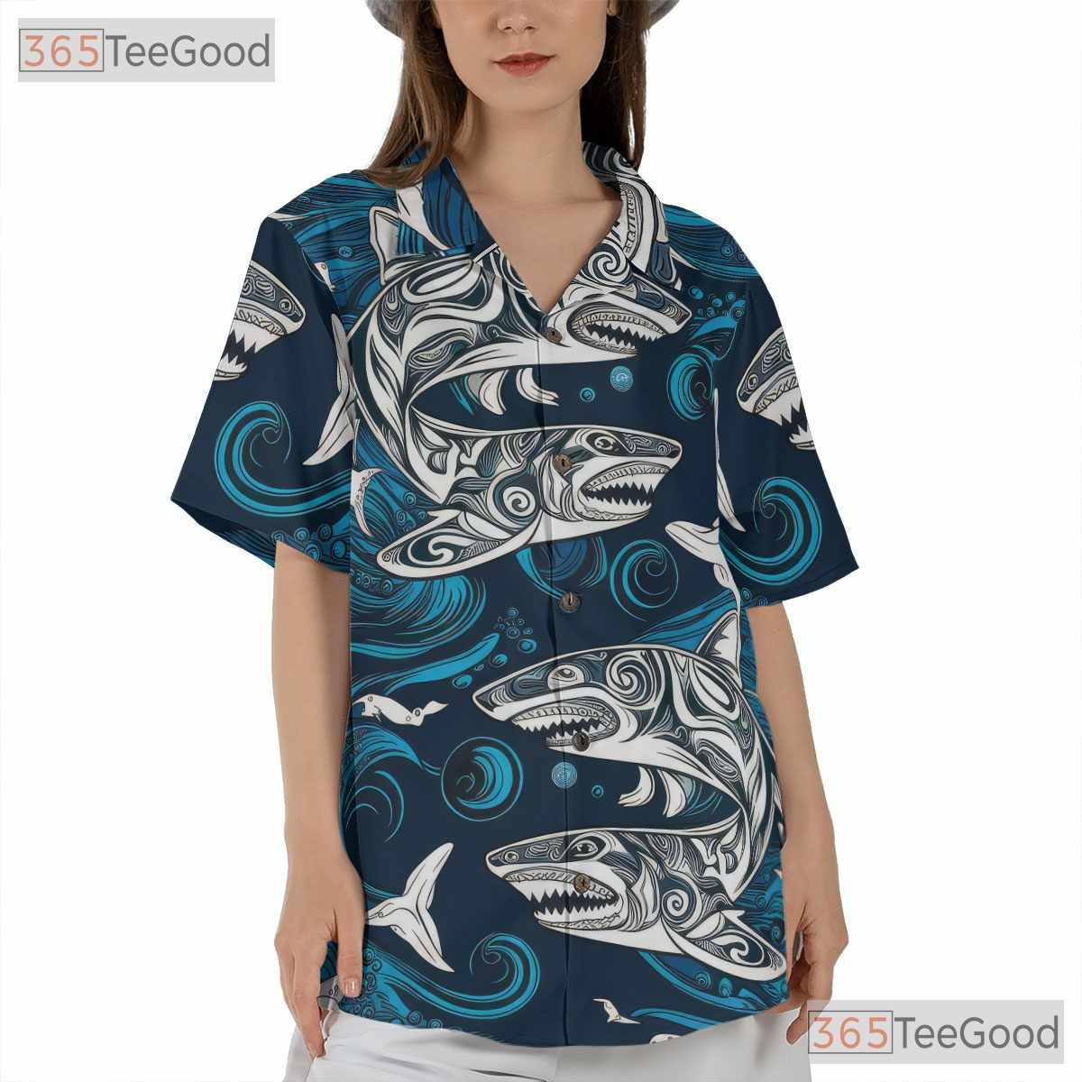 Polynesian Shark Tattoo Ocean Wave Hawaiian Shirt Men Women Tropical Style