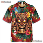 Polynesian Tiki Mask Hawaiian Shirt Men Women, Tribal Fire & Flower Print